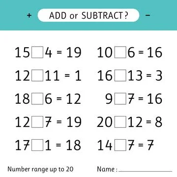 Add or subtract. Number range up to 20. Addition and subtraction. Mathemati.. Stock Illustration