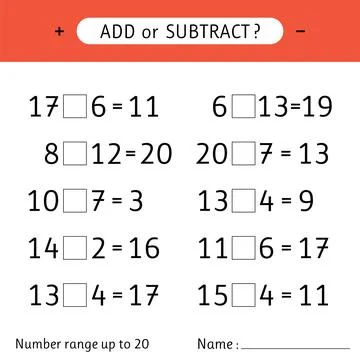 Add or subtract. Number range up to 20. Addition and subtraction. Mathemati.. Stock Illustration