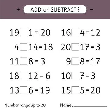 Add or subtract. Number range up to 20. Addition and subtraction. Worksheet.. Stock Illustration