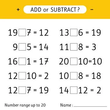 Add or subtract. Number range up to 20. Mathematical exercises. Addition an.. Stock Illustration