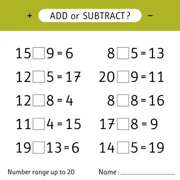 Add or subtract. Number range up to 20. Mathematical exercises. Addition an.. Stock Illustration