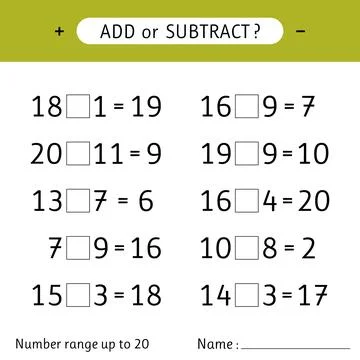 Add or subtract. Number range up to 20. Mathematical exercises. Worksheet f.. Stock Illustration