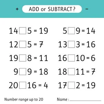 Add or subtract. Number range up to 20. Mathematical exercises. Worksheets .. Stock Illustration