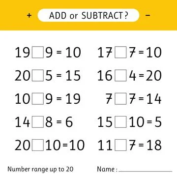 Add or subtract. Number range up to 20. Worksheets for kids. Addition and s.. Stock Illustration