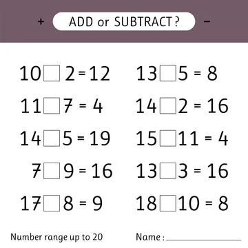 Add or subtract. Number range up to 20. Worksheet for kids. Addition and su.. Stock Illustration