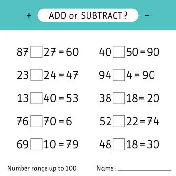 Add or subtract. Number range up to 100. Addition and subtraction. Workshee.. Stock Illustration