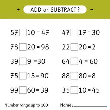 Add or subtract. Number range up to 100. Addition and subtraction. Mathemat.. Stock Illustration