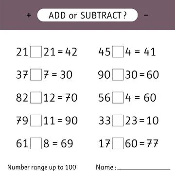Add or subtract. Number range up to 100. Addition and subtraction. Workshee.. Stock Illustration