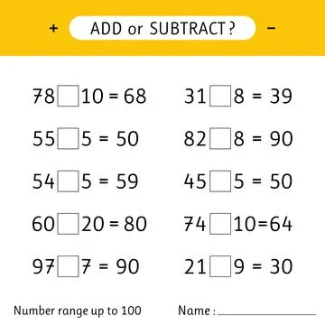 Add or subtract. Number range up to 100. Addition and subtraction. Mathemat.. Stock Illustration