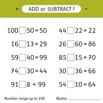 Add or subtract. Number range up to 100. Mathematical exercises. Addition a.. Stock Illustration