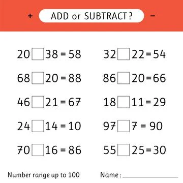 Add or subtract. Number range up to 100. Mathematical exercises. Worksheet .. Stock Illustration