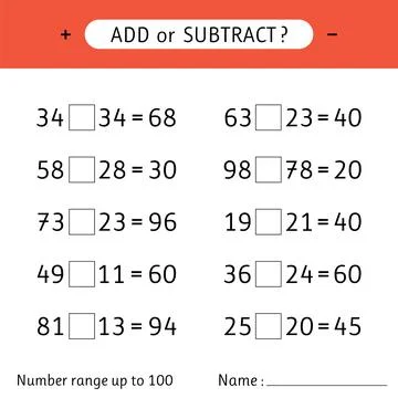 Add or subtract. Number range up to 100. Mathematical exercises. Addition a.. Stock Illustration