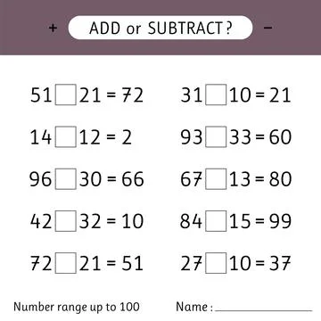 Add or subtract. Number range up to 100. Mathematical exercises. Worksheets.. Stock Illustration