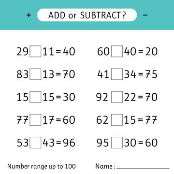Add or subtract. Number range up to 100. Worksheet for kids. Addition and s.. Stock Illustration