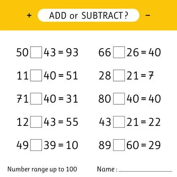 Add or subtract. Number range up to 100. Worksheets for kids. Addition and .. Stock Illustration