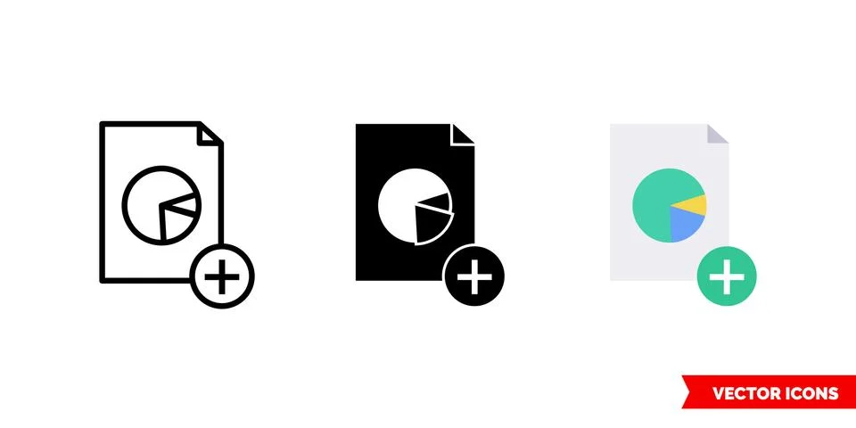 Add pie chart report icon of 3 types. Isolated vector sign symbol. Illustrazione stock
