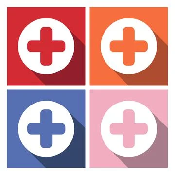 Add plus icon in flat style with long shadow. Plus sign, add icon, medical cr Stock Illustration