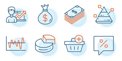 Add purchase, Pie chart and Discount message icons set. Dollar, Money bag and Stock Illustration