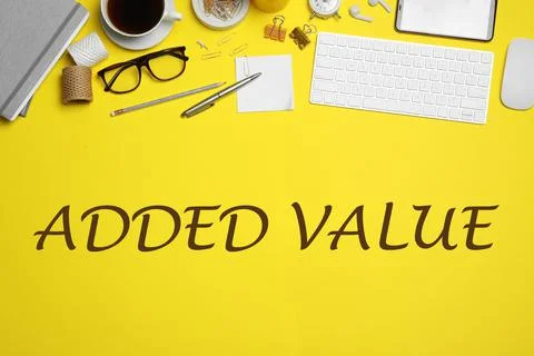 Added value concept. Flat lay composition with computer accessories and diffe 写真素材
