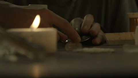 Addict Preparing Drugs on a Dirty Table HD Video Vídeo Stock 90663577