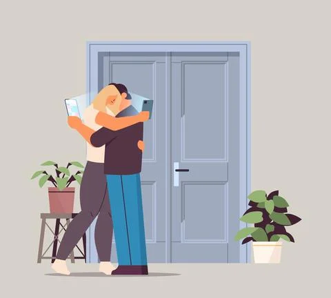 Addicted couple hugging and using digital gadgets man woman active in social Stock Illustration