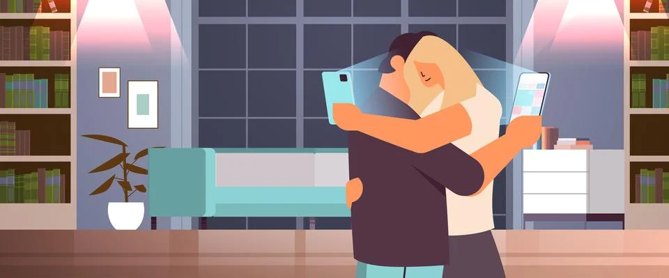 Addicted couple hugging and using digital gadgets man woman active in social Stock Illustration