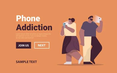 Addicted couple using digital gadgets african american man woman active in Stock Illustration