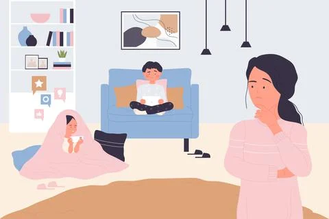 Addicted kids using mobile gadgets and devices, mother worrying about internet Stock Illustration