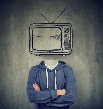Addicted man with television instead of his head on gray background Stock Photos