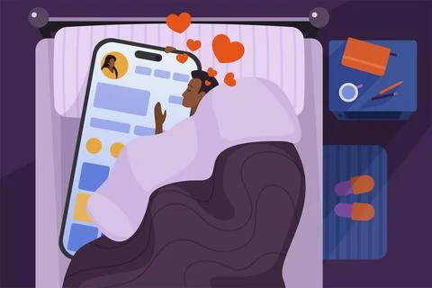 Addicted man using phone at night, insomnia of woman lying in bed with big Stock-Illustration