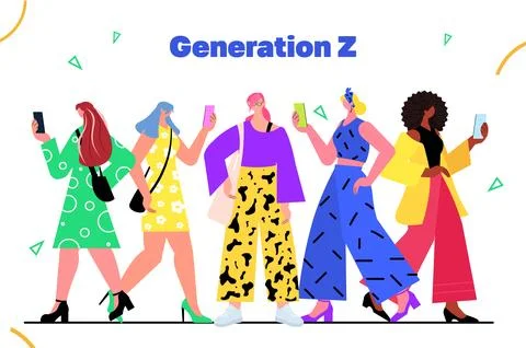 Addicted young people using gadgets generation Z digital addiction concept Illustrazione stock