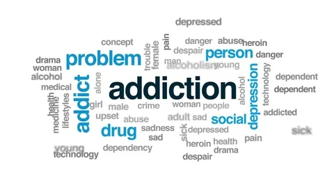 Addiction animated word cloud, text design animation. Stock Footage