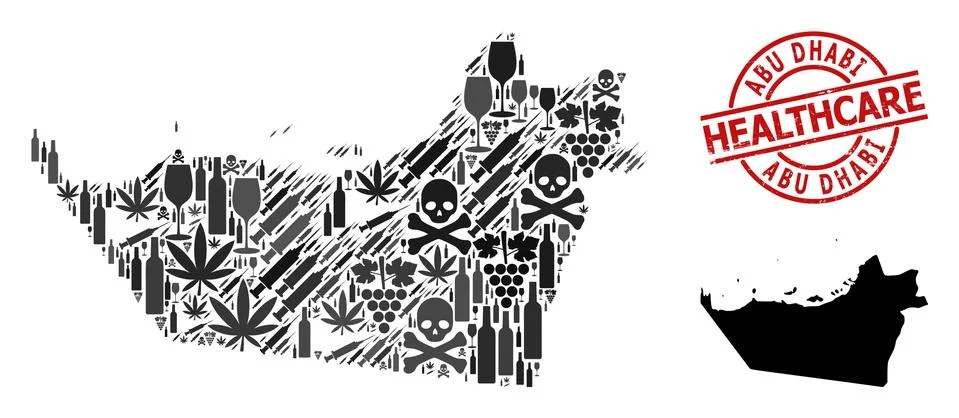 Addiction Collage Map of Abu Dhabi Emirate and Watermark Healthcare Badge Stock Illustration
