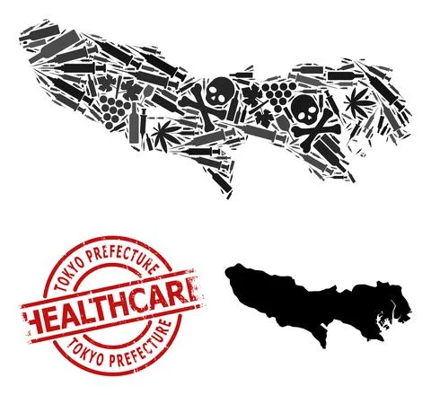 Addiction Composition Map of Tokyo Prefecture and Rubber Health Care Stamp Stock Illustration