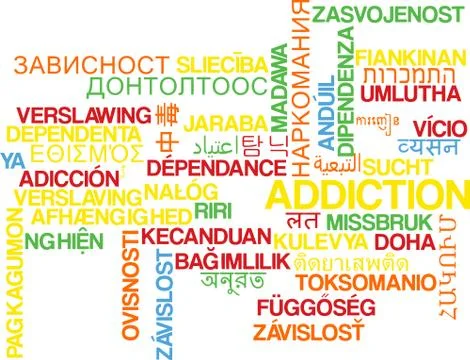 Addiction multilanguage wordcloud background concept Stock Illustration