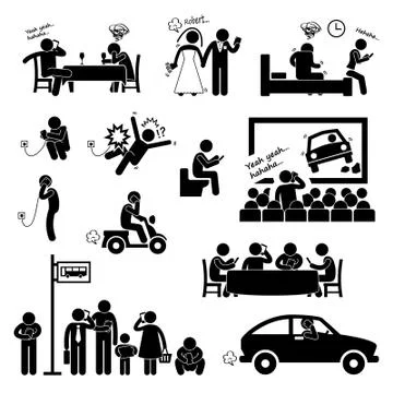 Addiction Obsession Using Smartphone Handphone Phone Stick Figure Pictogram Icon Stock Illustration