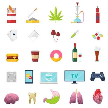 Addiction vector addicted and bad habit smoking fastfood or alcohol abuse Stock Illustration