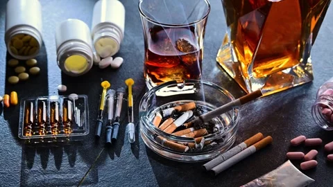 drugs cigarettes and alcohol Photography Poster Addictive substances, including alcohol, Man in handcuffs with cigarettes,