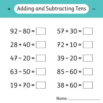 Adding and Subtracting Tens. Math worksheets for kids. Mathematics. School .. Illustrazione stock