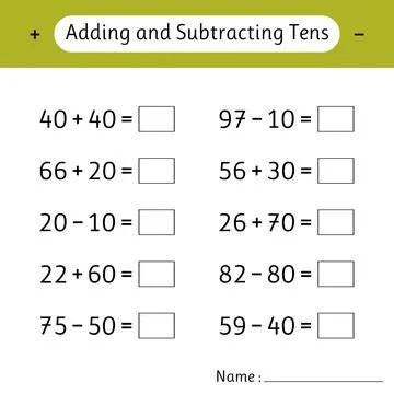 Adding and Subtracting Tens. Math worksheets for kids. School education. De.. Illustrazione stock
