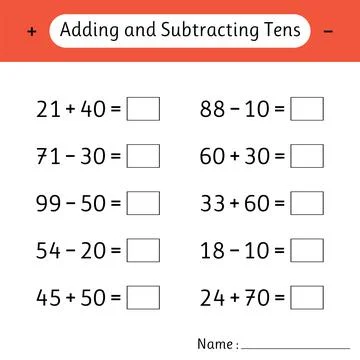 Adding and Subtracting Tens. Math worksheets for kids. Mathematics. Develop.. 스톡 일러스트