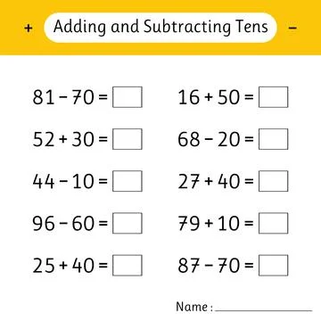 Adding and Subtracting Tens. Mathematics. Math worksheets for kids. Develop.. Stockillustratie