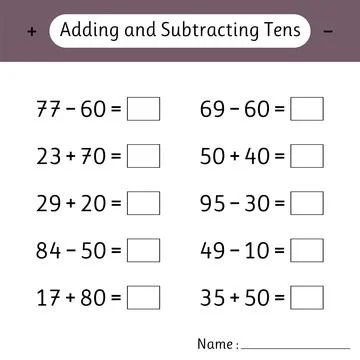 Adding and Subtracting Tens. Mathematics. Math worksheets for kids. School .. 스톡 일러스트