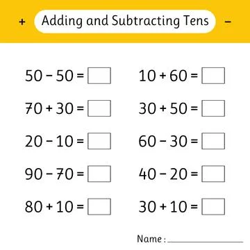 Adding and Subtracting Tens. School education. Math worksheets for kids. De.. Illustrazione stock