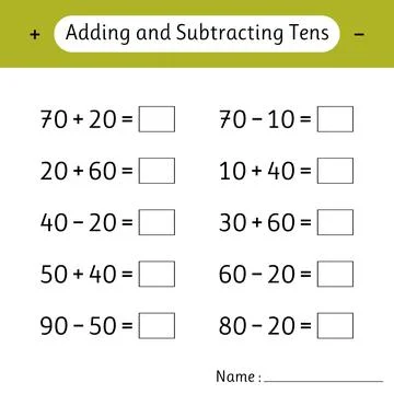 Adding and Subtracting Tens. School education. Math worksheets for kids. Ma.. Illustrazione stock
