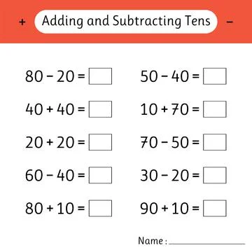 Adding and Subtracting Tens. School education. Mathematics. Math worksheets.. Illustrazione stock
