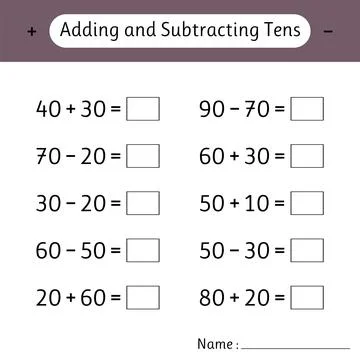 Adding and Subtracting Tens. School education. Development of logical think.. Illustrazione stock