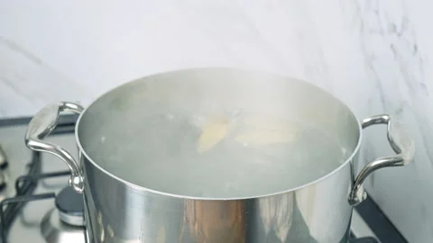 Adding bay leaves into a saucepan with boiling water in the gas stove 4k. Stock Footage 146324259