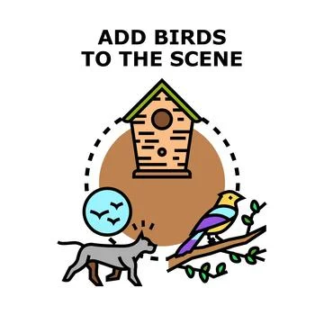 Adding birds to garden scene with birdhouse and cat Stock Illustration