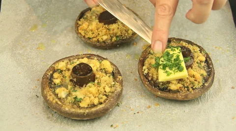 Adding Butter To Stuffed Mushrooms Stock Footage 46461074